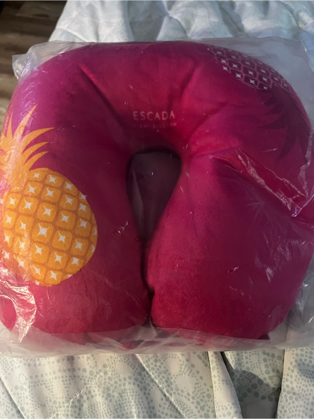 Escada Hot Pink Travel Neck Pillow with Yellow Pineapple Motif